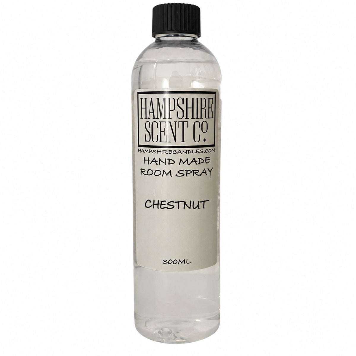 Roasted Chestnut Room Spray 300ml in a clear bottle with black screw cap and Hampshire Scent Co. label