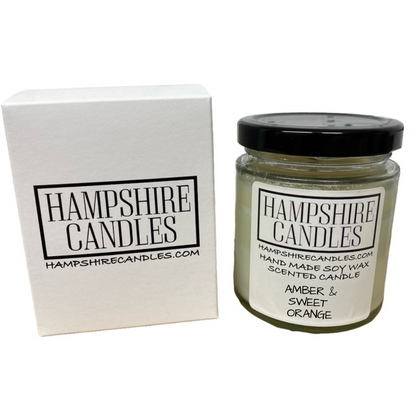 amber and sweet orange soy wax scented candle handmade by hampshire candles
