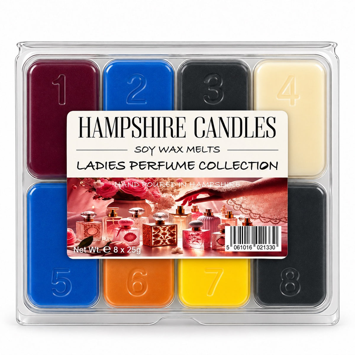Hampshire Candles Perfume Collection wax melt selection box: eight numbered soy melts in burgundy, blue, black and cream