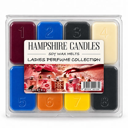Hampshire Candles Perfume Collection wax melt selection box: eight numbered soy melts in burgundy, blue, black and cream