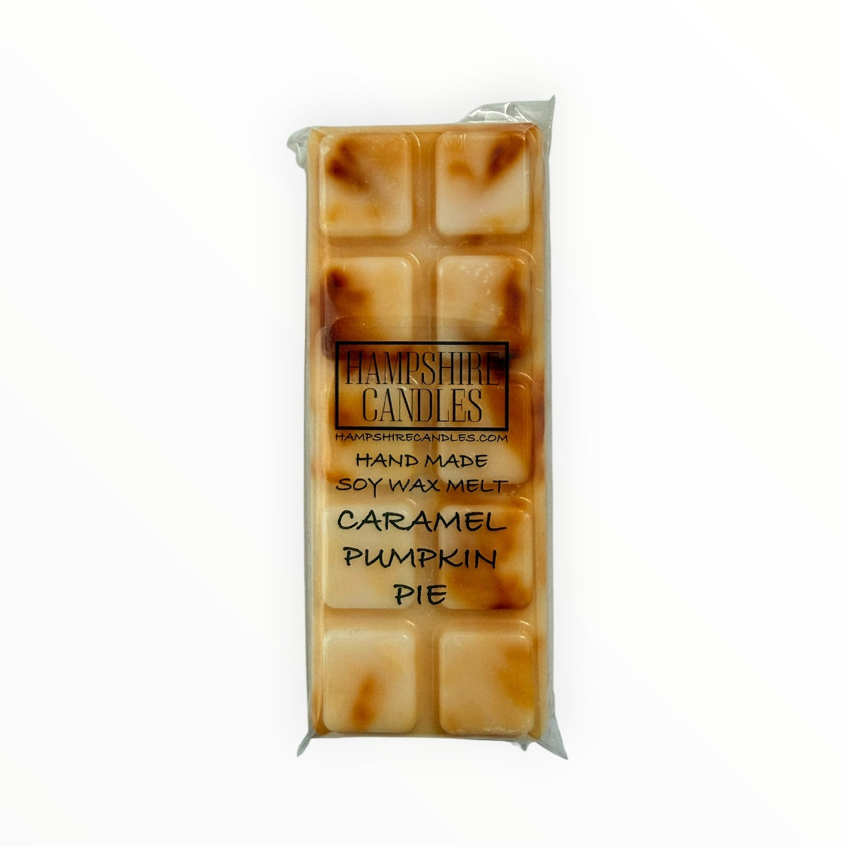 Front view of the Caramel Pumpkin Pie Mini Snap Bar wax melt with Hampshire Candles label