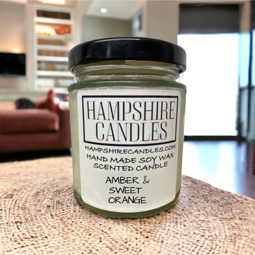 amber and sweet orange soy wax scented candle handmade by hampshire candles
