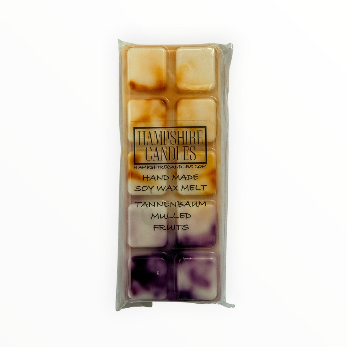 Front view of the Tannenbaum Mulled Fruits Mini Snap Bar wax melt with Hampshire Candles label