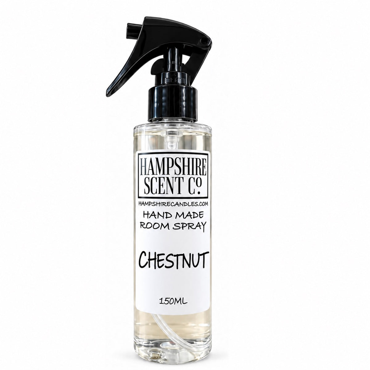 Roasted Chestnut Room Spray 150ml in a clear bottle with black trigger spray and Hampshire Scent Co. label
