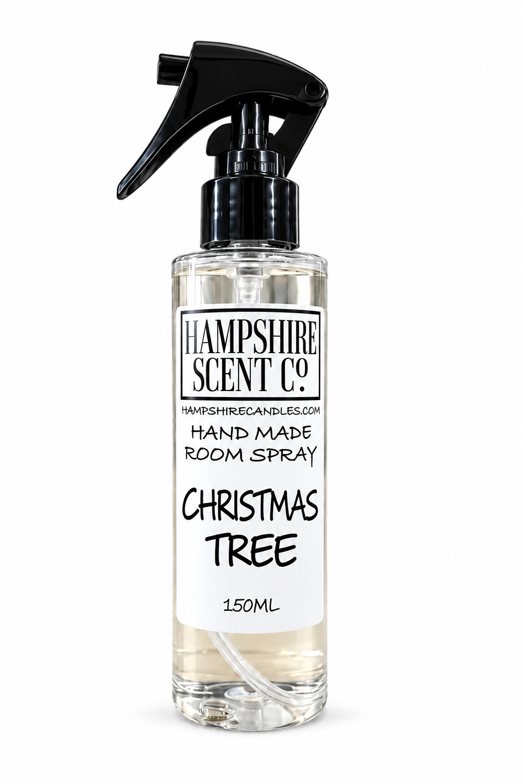 A 150ml clear room spray bottle with a black trigger spray cap and a white label reading 'Hampshire Scent Co. Christmas Tree'.