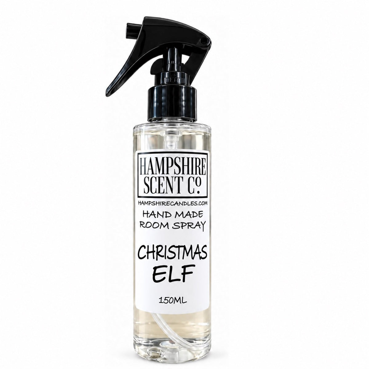 Hampshire Scent Co. Christmas Elf handmade room spray in a 150ml clear bottle with black fine mist trigger