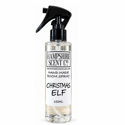 Hampshire Scent Co. Christmas Elf handmade room spray in a 150ml clear bottle with black fine mist trigger
