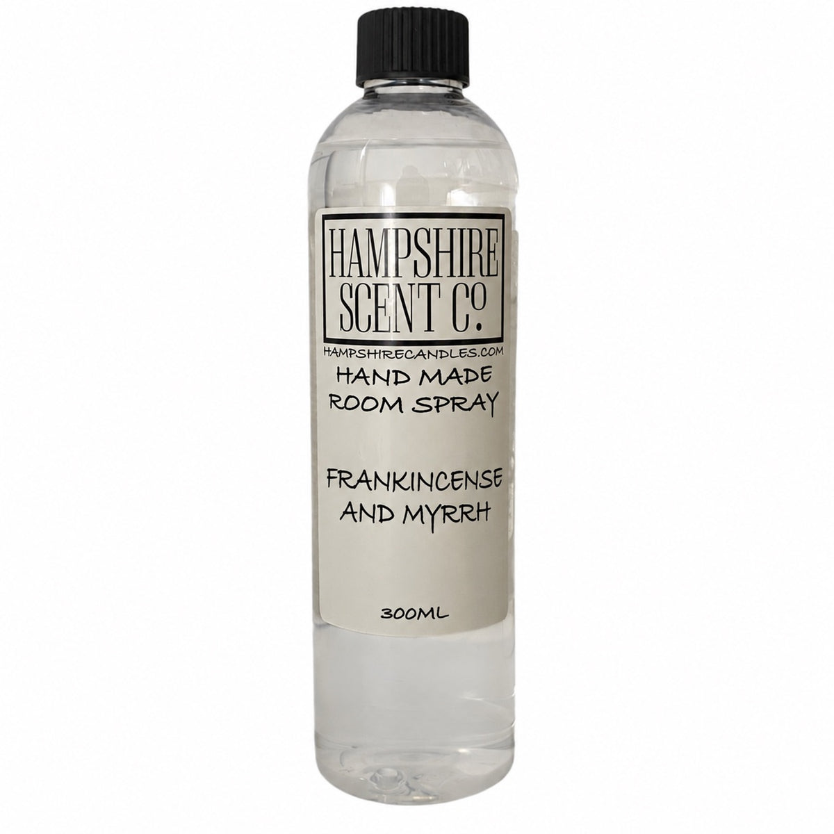 Hampshire Scent Co. Frankincense and Myrrh handmade room spray in a 300ml clear bottle with black screw cap