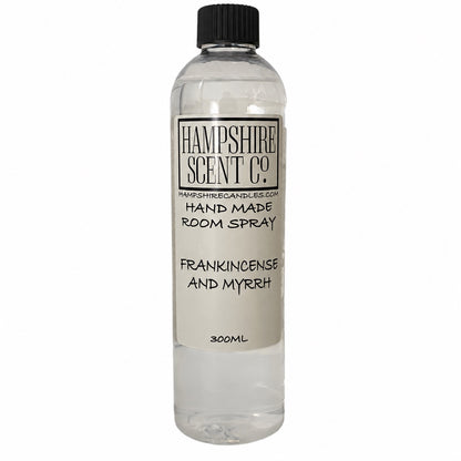 Hampshire Scent Co. Frankincense and Myrrh handmade room spray in a 300ml clear bottle with black screw cap