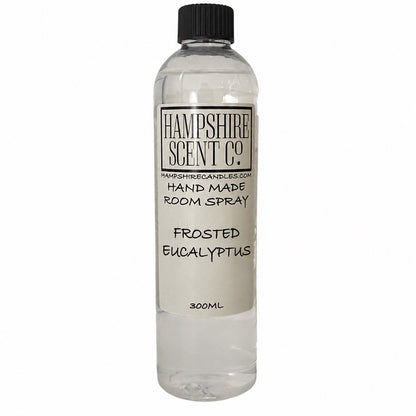 Hampshire Scent Co. Frosted Eucalyptus handmade room spray in a 300ml clear bottle with black screw cap