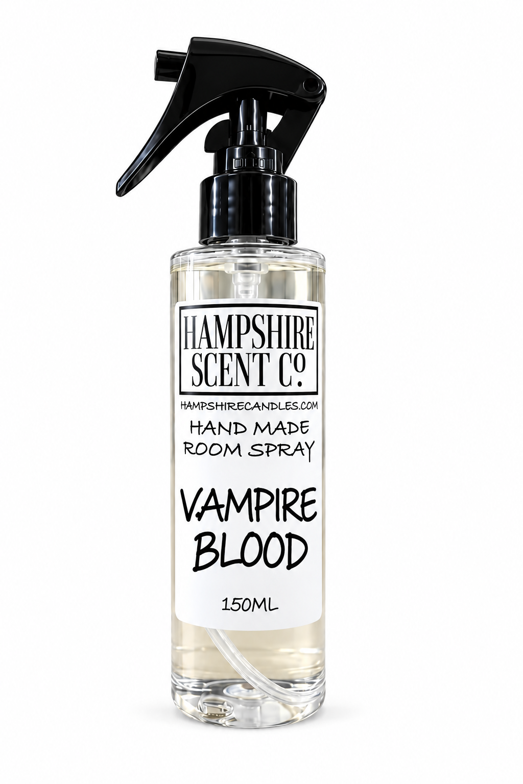 A 150ml clear spray bottle of Hampshire Scent Co. 'Vampire Blood' hand made room spray, featuring a black trigger spray nozzle and a white label with black text, set against a plain white background.