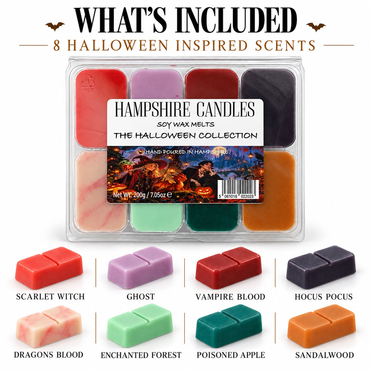 Halloween Collection Box by Hampshire Candles, front view with label, 8 numbered soy wax melts in red, lilac, deep red, black, peach, mint, dark green and orange, 200g