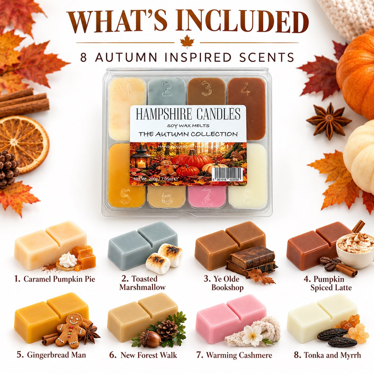 What's included in the Autumn Collection Box: Caramel Pumpkin Pie, Toasted Marshmallow, Ye Olde Bookshop, Pumpkin Spiced Latte, Gingerbread Man, New Forest Walk, Warming Cashmere and Tonka and Myrrh soy wax melts
