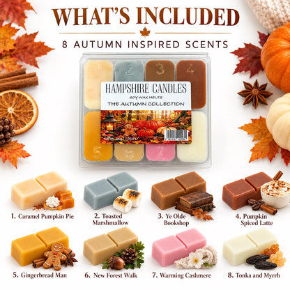 What's included in the Autumn Collection Box: Caramel Pumpkin Pie, Toasted Marshmallow, Ye Olde Bookshop, Pumpkin Spiced Latte, Gingerbread Man, New Forest Walk, Warming Cashmere and Tonka and Myrrh soy wax melts