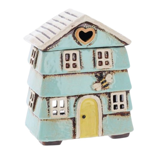Aqua Beehive House wax melt burner with removable lid and bee design