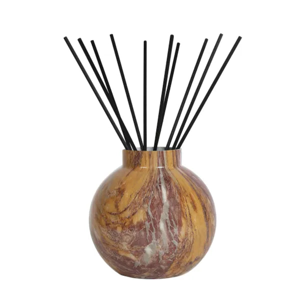 Aroma Breccia large marble effect empty glass reed diffuser bottle with natural wooden reeds for DIY home fragrance refills.