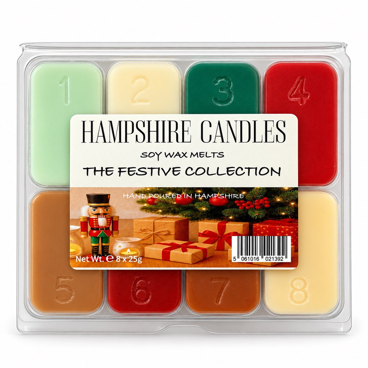 Festive Collection selection box of eight soy wax melts in sage green, cream, forest green, red and caramel brown