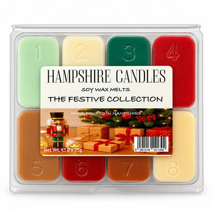 Festive Collection selection box of eight soy wax melts in sage green, cream, forest green, red and caramel brown