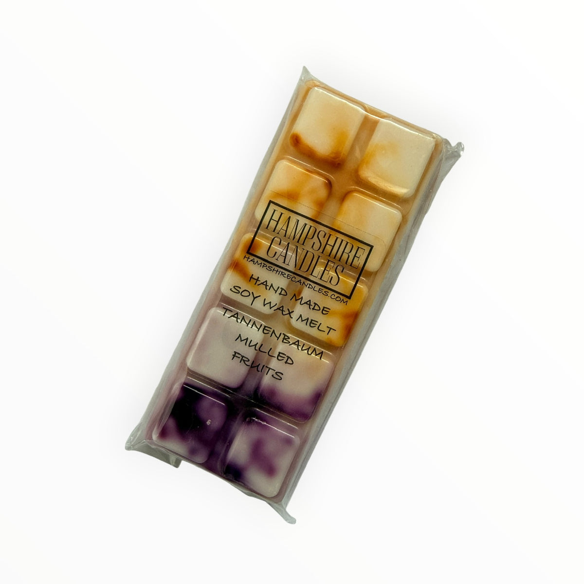 Tannenbaum Mulled Fruits Mini Snap Bar soy wax melt marbled in cream, caramel and plum purple, in clear cellophane