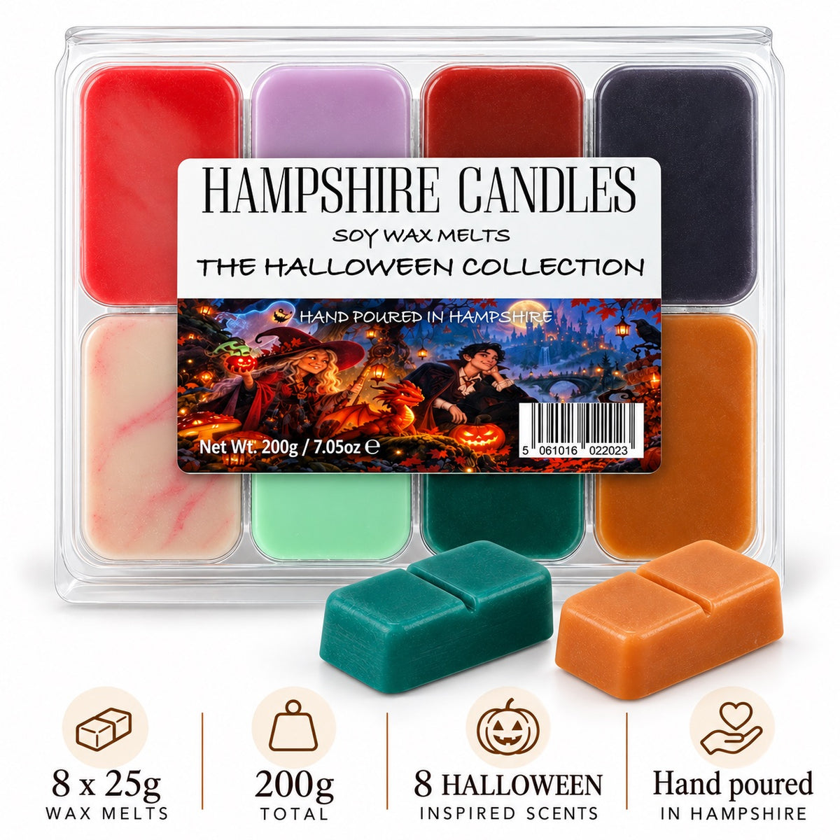 Halloween Collection Box by Hampshire Candles, 8 x 25g soy wax melts, 200g in total, hand poured in Hampshire, with green and orange melts in front