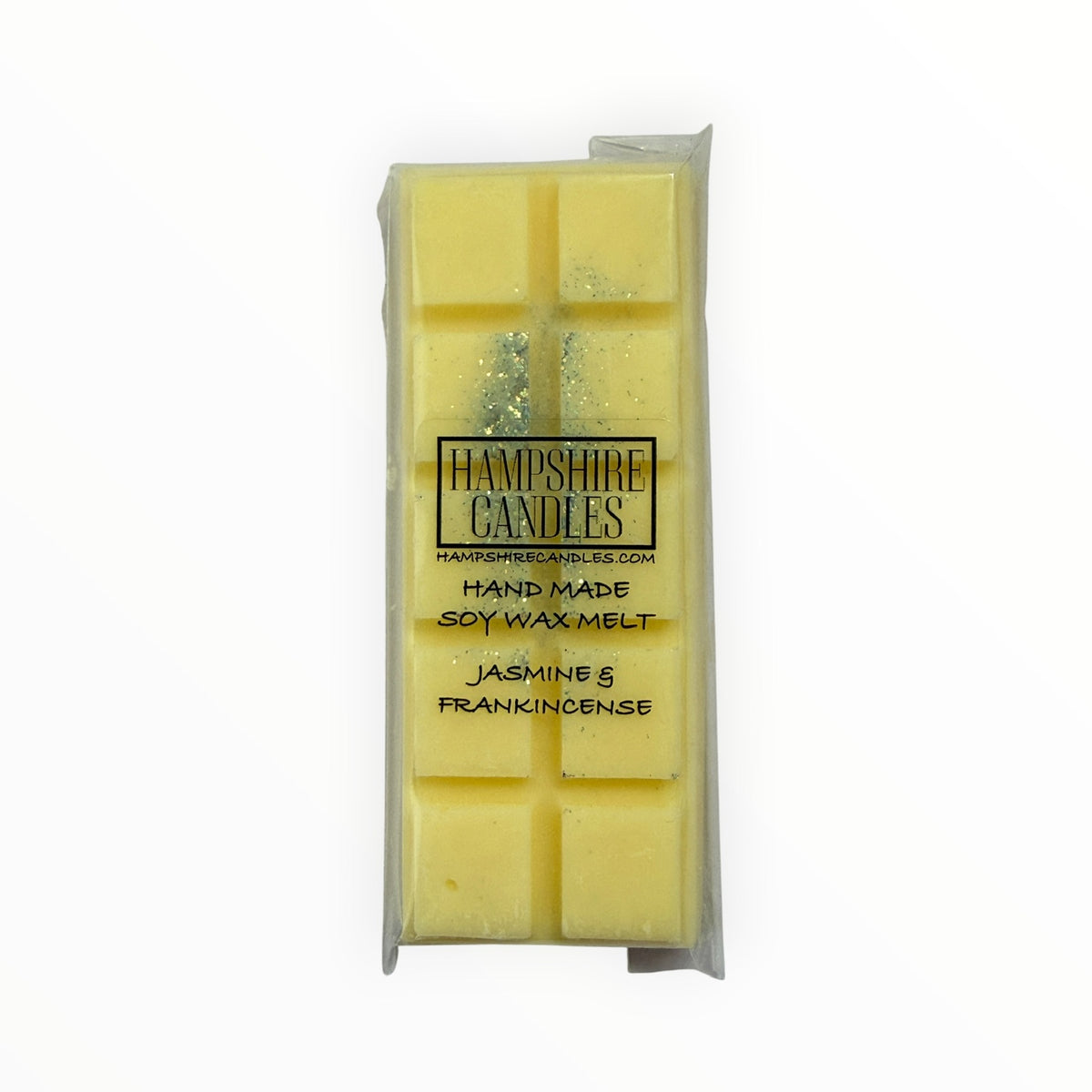 Front view of the Jasmine & Frankincense Mini Snap Bar wax melt with Hampshire Candles label