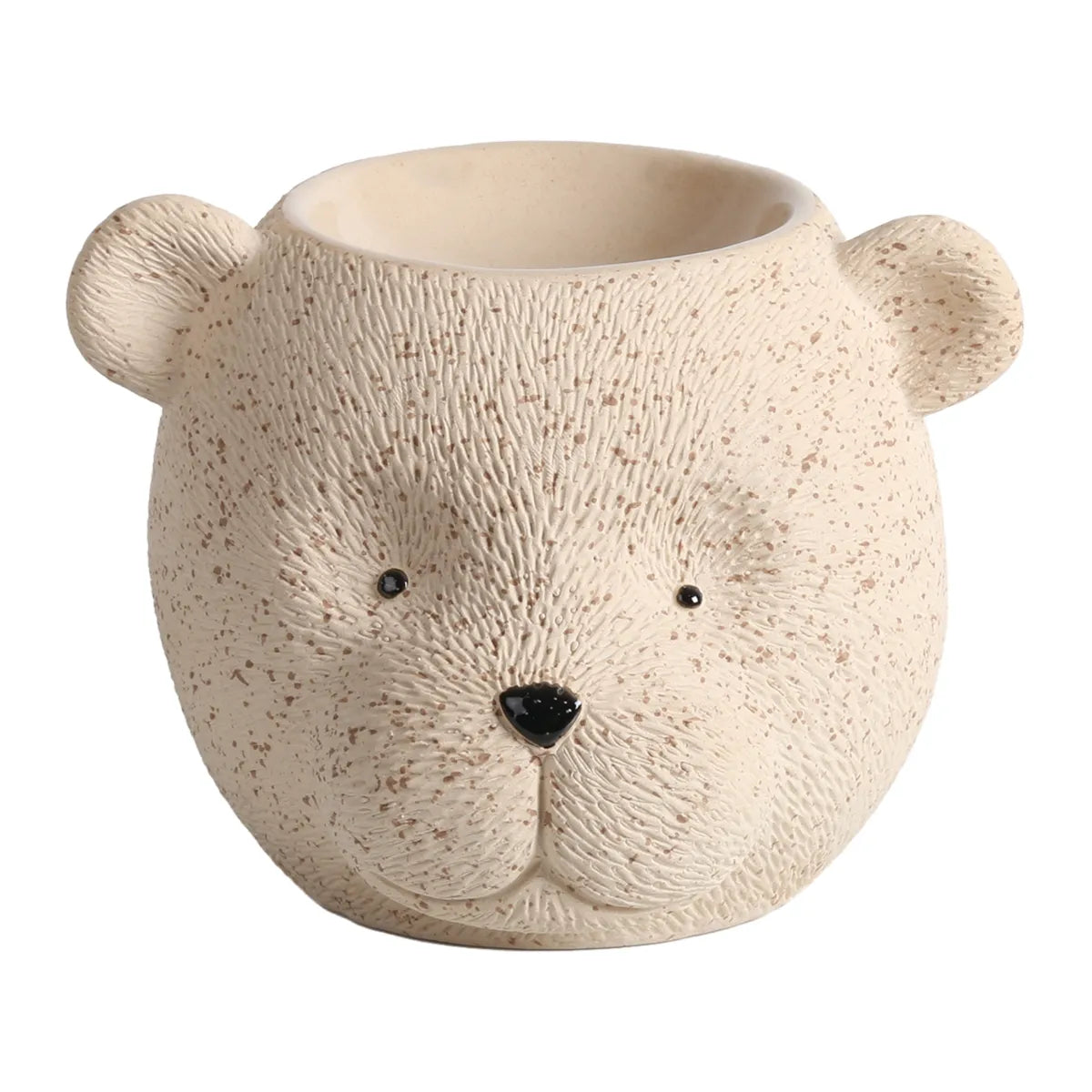 Bear tealight wax melt burner 10.5cm in neutral cream with textured fur-effect finish, rounded ears and glossy nose.