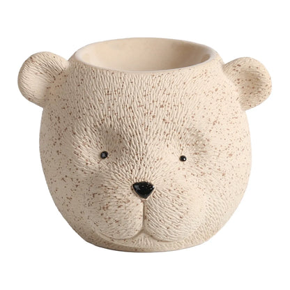 Bear tealight wax melt burner 10.5cm in neutral cream with textured fur-effect finish, rounded ears and glossy nose.