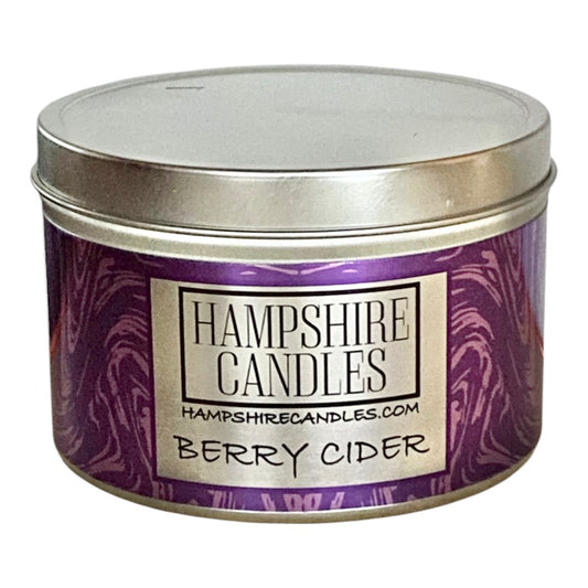 Berry Cider Scented Candle in a stylish tin, hand-poured soy wax with fruity and warm notes.
