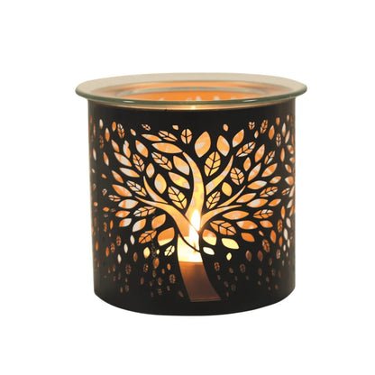 Black and gold Tree of Life tealight wax melt burner with removable glass dish