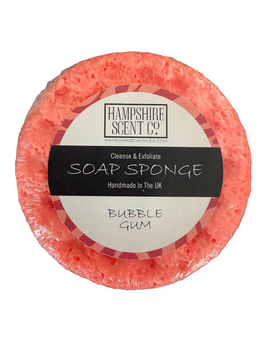 "Bubble Gum soap sponge with pink candy-inspired design on bath tray"