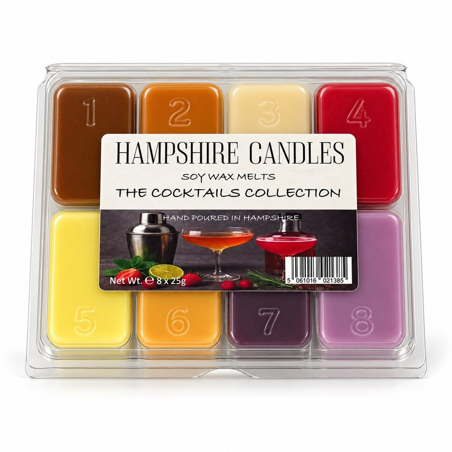 Cocktails Collection wax melt selection box with eight numbered melts in brown, orange, cream, red, yellow, plum and lilac