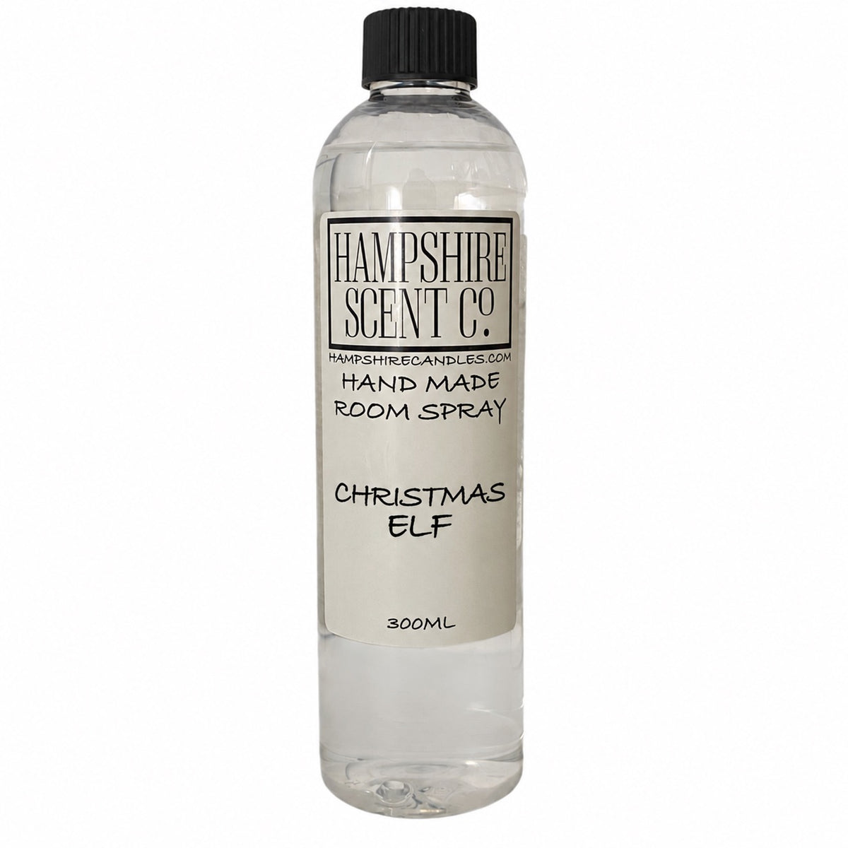 Hampshire Scent Co. Christmas Elf handmade room spray in a 300ml clear bottle with black screw cap