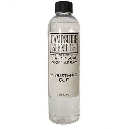 Hampshire Scent Co. Christmas Elf handmade room spray in a 300ml clear bottle with black screw cap
