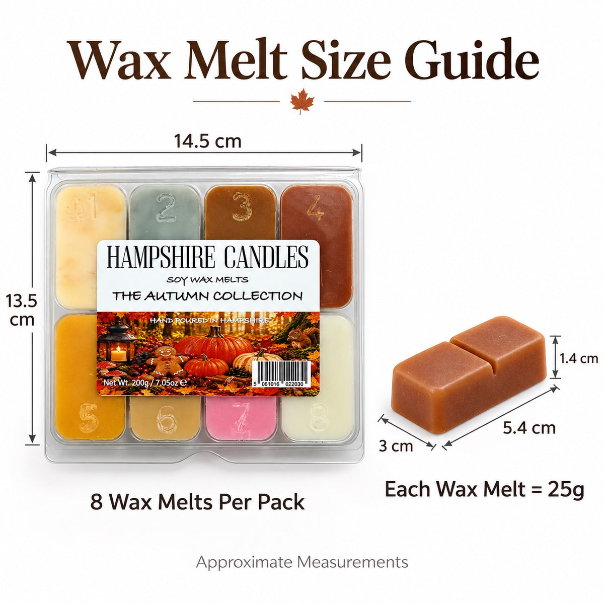 Autumn Collection Box size guide: the pack measures 14.5 x 13.5cm and holds 8 wax melts, each 25g and 5.4 x 3 x 1.4cm