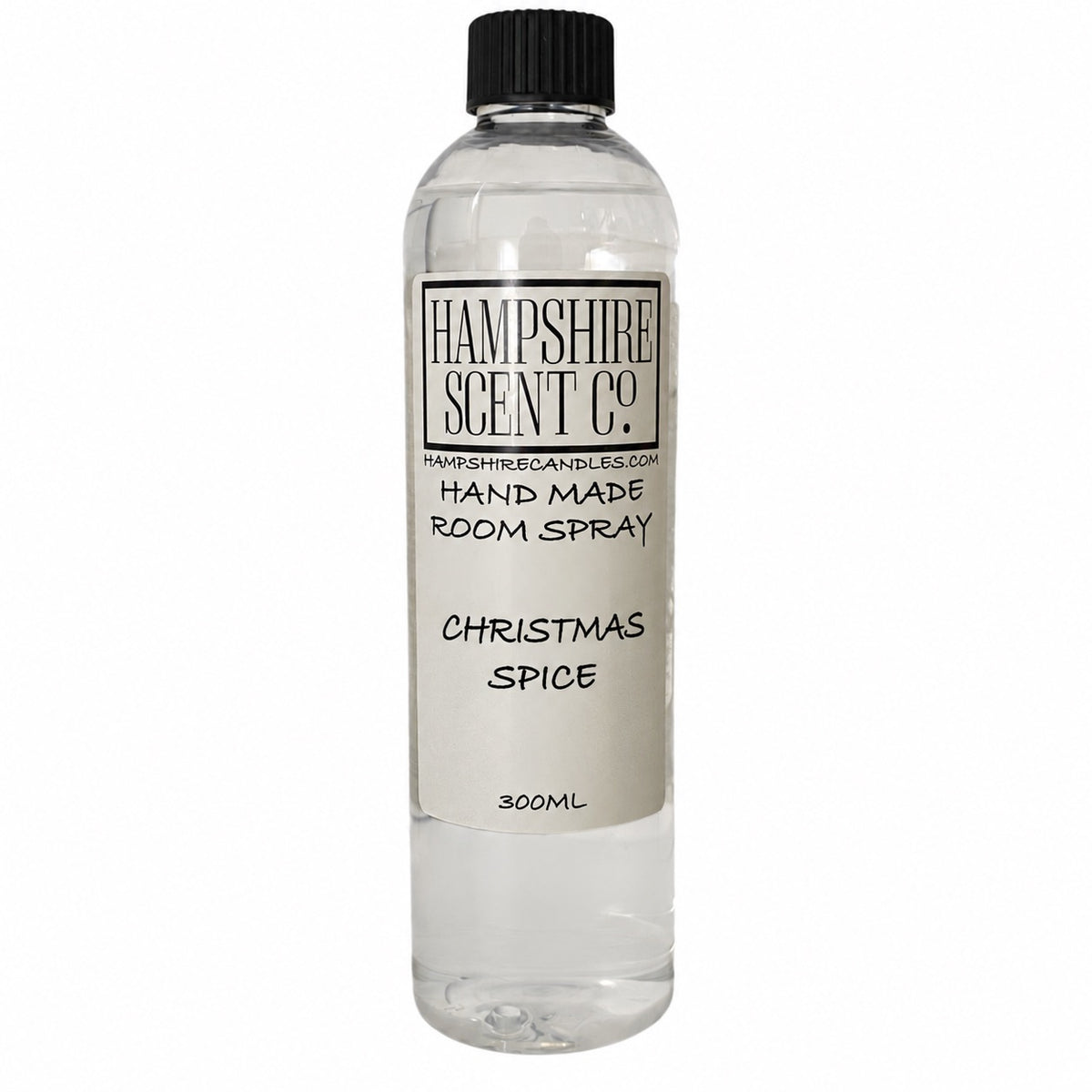 Hampshire Scent Co. Christmas Spice handmade room spray in a 300ml clear bottle with black screw cap
