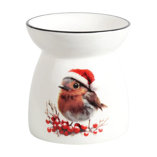Christmas Robin ceramic tealight wax melt burner with festive Santa hat design