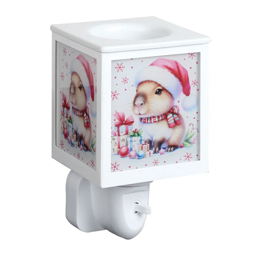 Christmas Capybara plug-in wax melt burner 14cm with festive gifts and frosted glass panels