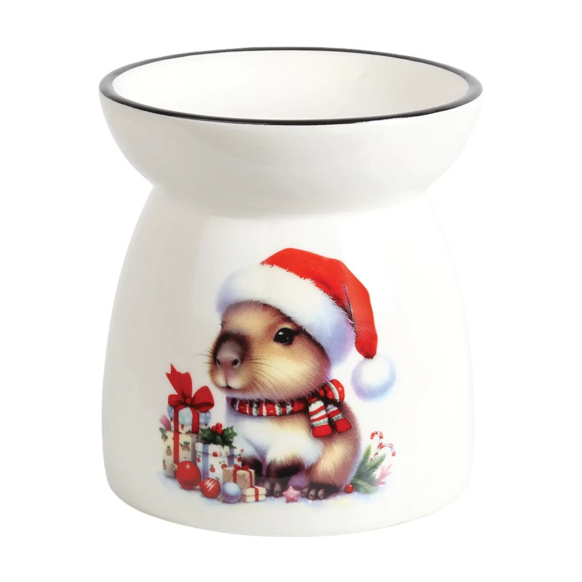 Christmas Capybara tealight wax melt burner 11cm in white ceramic featuring a cute capybara wearing a festive Christmas hat.