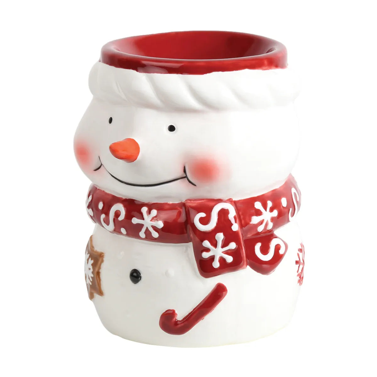 Christmas Snowman tealight wax melt burner creating a warm festive glow with soy wax melts