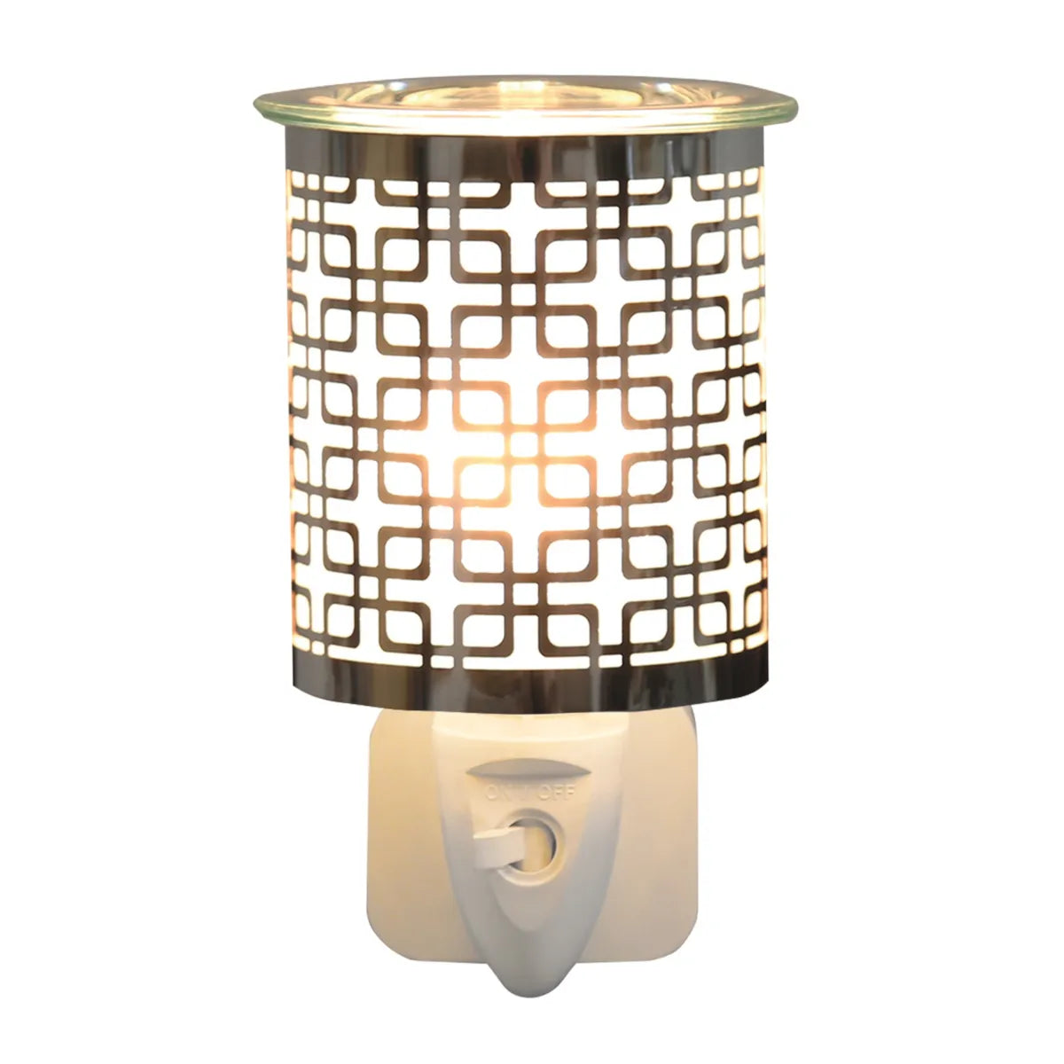 Chrome squares plug-in wax melt burner with geometric cut-out design and glass dish