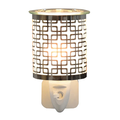 Chrome squares plug-in wax melt burner with geometric cut-out design and glass dish