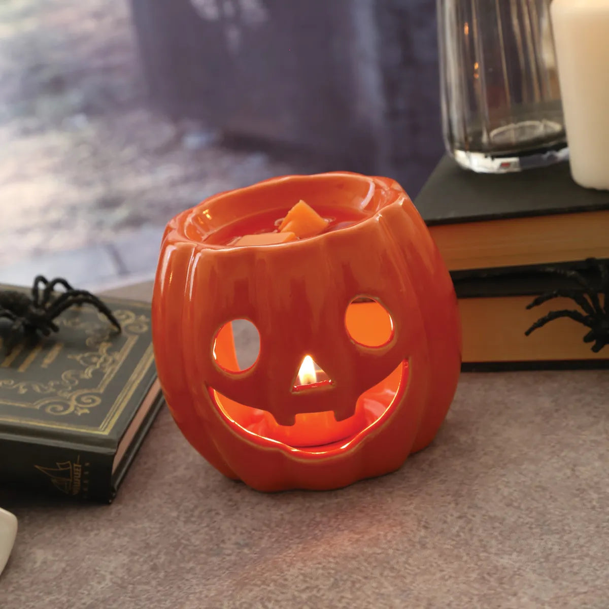 Close-up of Autumn Pumpkin Wax Melt Burner showing the classic orange ceramic pumpkin design and top wax melt dish.