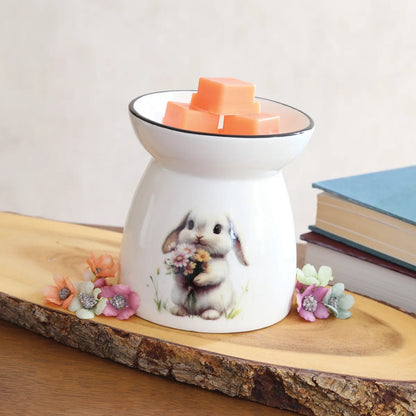 Close-up of Floral Rabbit Wax Melt Burner showing the adorable bunny, delicate flower details and white ceramic finish.