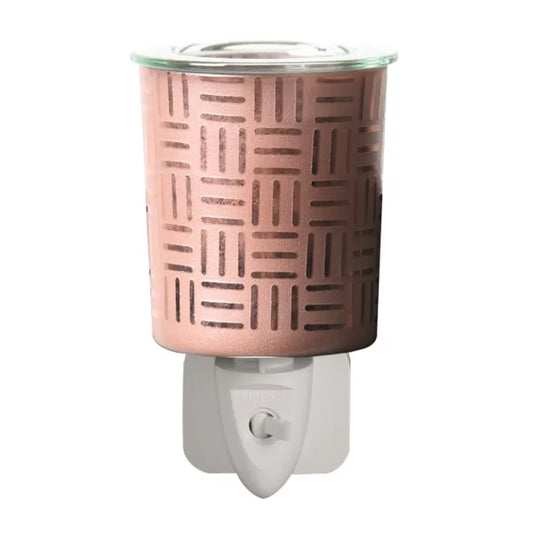 Copper square plug-in wax melt burner with satin finish and geometric square pattern, 13cm electric wax melter by Aroma Accessories