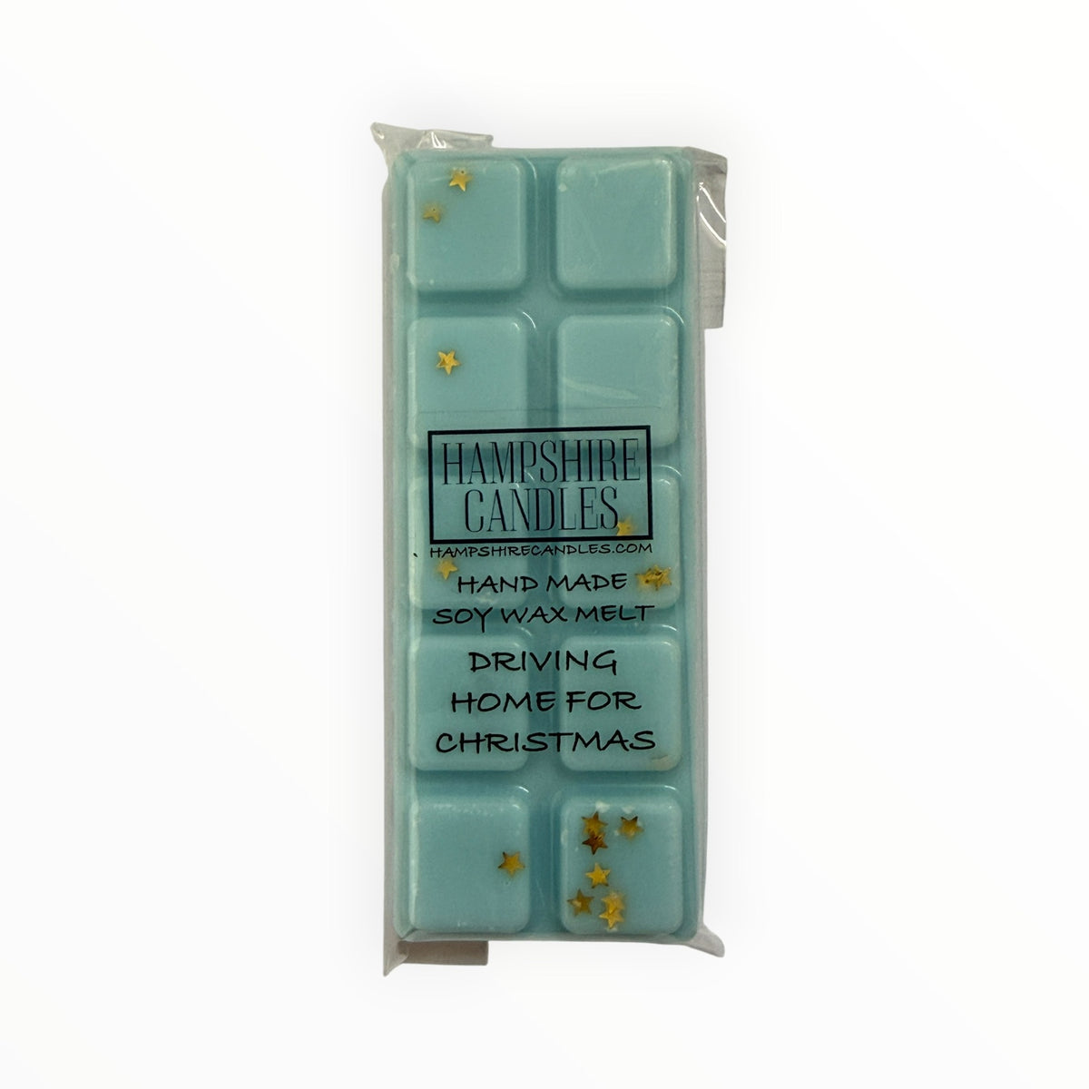 Front view of the Driving Home For Christmas Mini Snap Bar wax melt with Hampshire Candles label