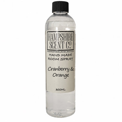 Hampshire Scent Co. Cranberry & Orange handmade room spray in a 300ml clear bottle with black screw cap