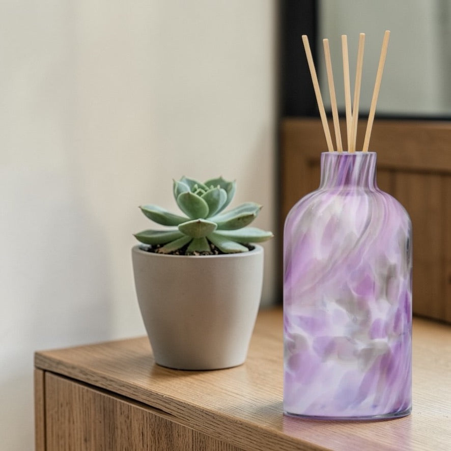 Decorative glass diffuser bottle violet grey marbled design