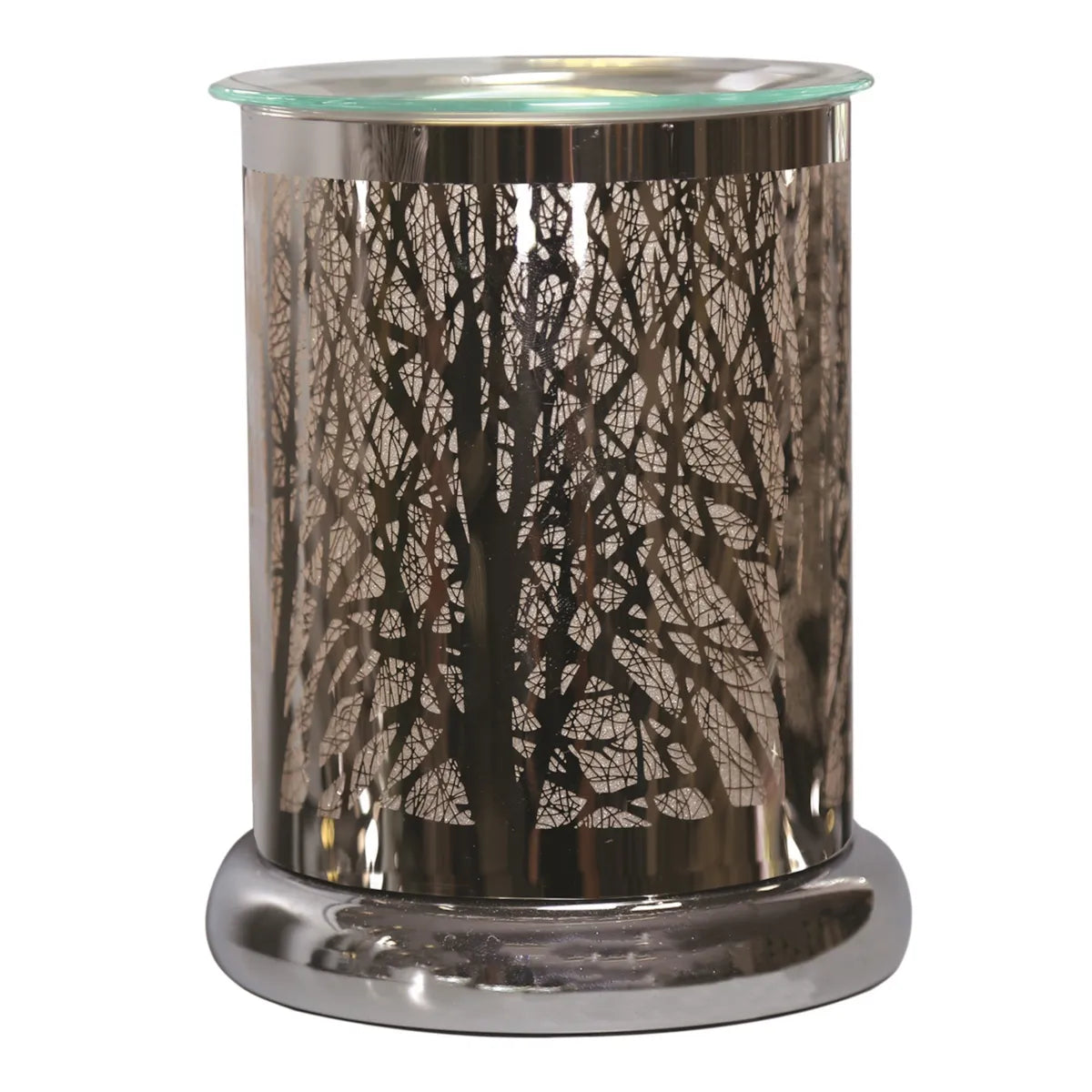Decorative silver forest electric wax warmer illuminated with warm ambient glow