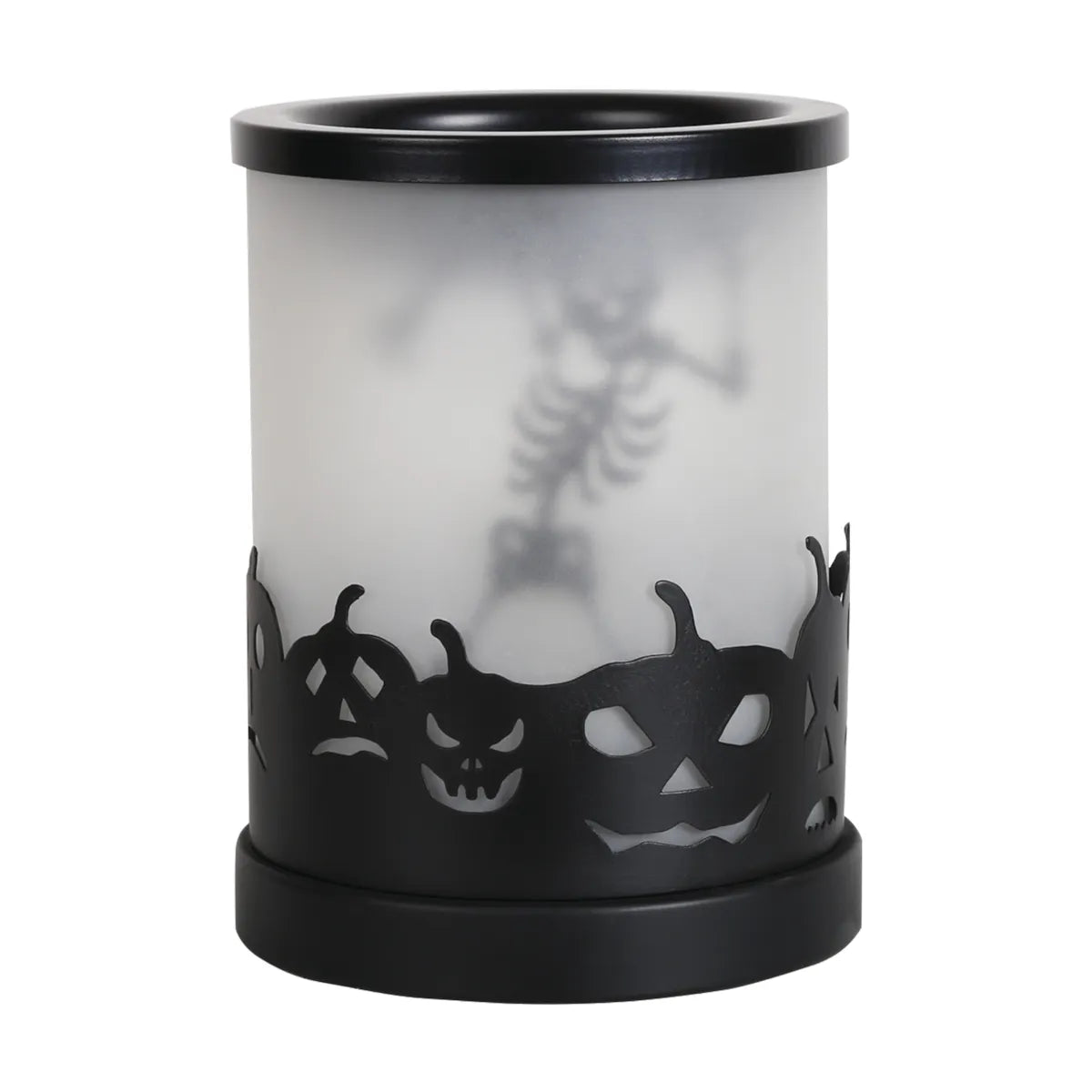 Decorative skeleton electric wax melt burner creating a spooky home fragrance atmosphere