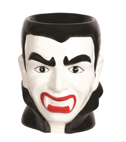 Dracula tealight wax melt burner 10cm in glossy white, black and red ceramic with fanged grin and cape collar